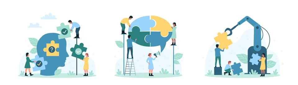 Puzzle teamwork set, tiny people connect jigsaw pieces inside human head and Stock Illustration