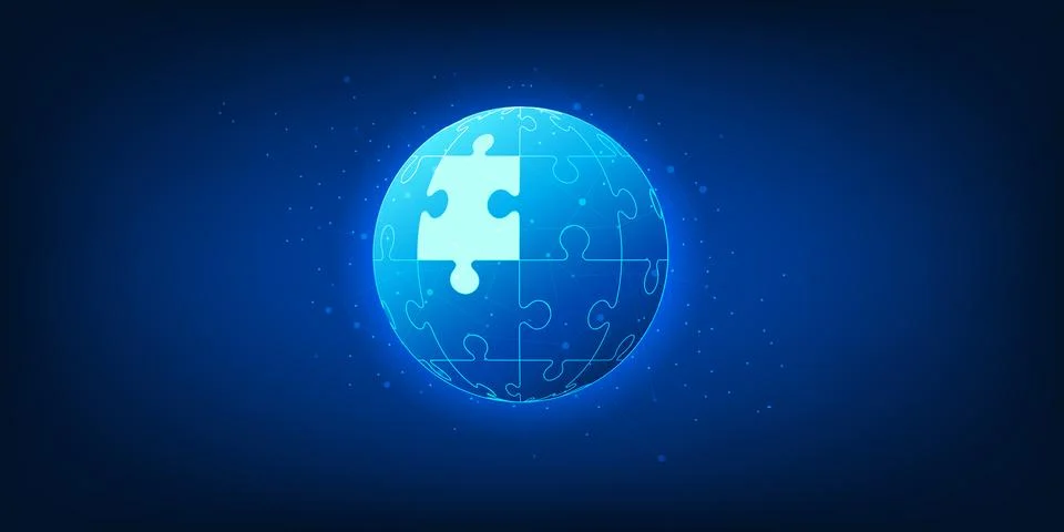Puzzle Technology Background with Puzzle Inside Glowing Circle, Teamwork In.. 스톡 일러스트