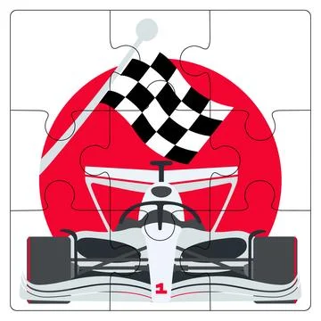 Puzzle template Formula 1 car finishes to checkered flag. Racing car bolide with Stock Illustration