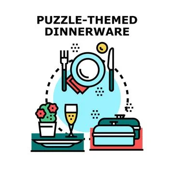 Puzzle themed dinnerware setting meal preparation concept Stock Illustration