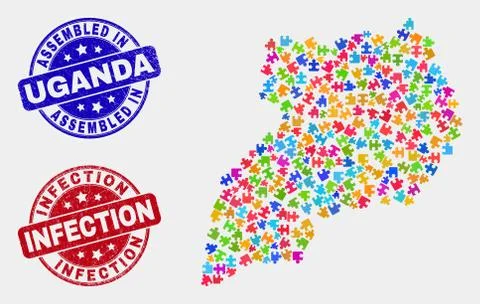 Puzzle Uganda Map and Scratched Assembled and Infection Stamps Stock Illustration