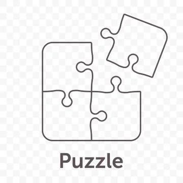 Puzzle vector icon of four pieces. Jigsaw game icon concept isolated on white Stock-Illustration