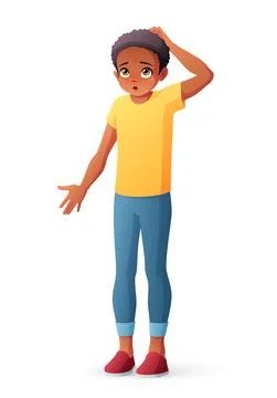 Puzzled African boy scratching head shrugging shoulders. Isolated vector Stock Illustration