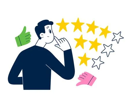 Puzzled customer leaves feedback, 5 stars rating system, client chooses between Stock Illustration
