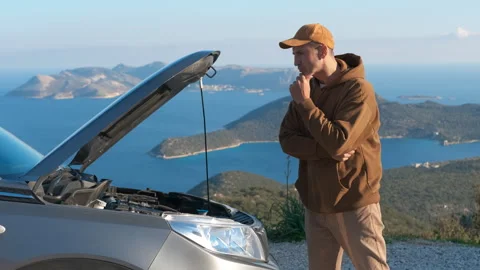 Puzzled driver looking at broken car engine Stock Footage 323267099
