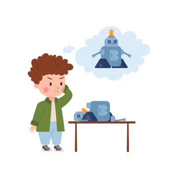 Puzzled kid boy thinking how build robot flat style, vector illustration Illustrazione stock