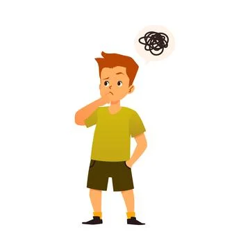Puzzled kid boy tries solve problem a flat cartoon vector isolated illustration. 스톡 일러스트