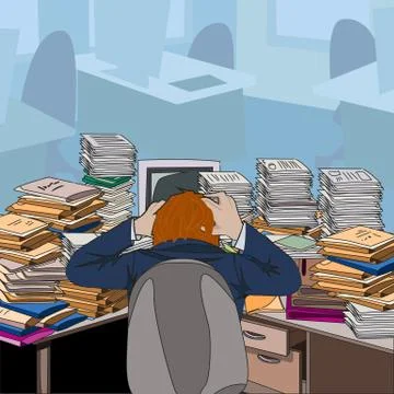 Puzzled the man on the background of cluttered desk Stock Illustration