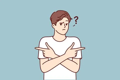 Puzzled man pointing fingers in different directions doubtful trying to accept Stock Illustration