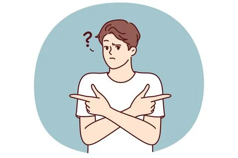 Puzzled man pointing fingers in different directions doubtful trying to accept Stock Illustration