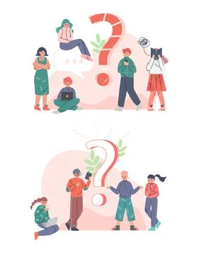 Puzzled People Character Asking Question and Searching for Answer Around Ilustração Stock
