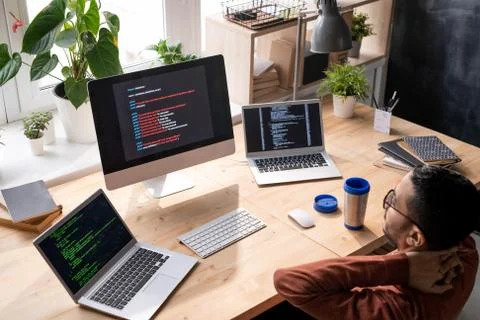 Puzzled programmer analyzing web script 스톡 사진