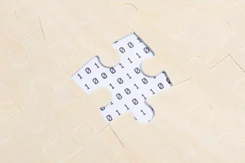 Puzzles and binary code, teamwork, career success Stockfoto's