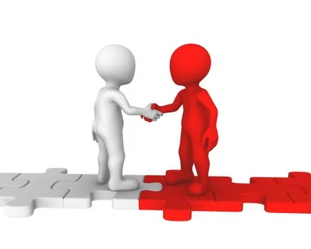 Puzzles and handshake 3D on bridge Stock Illustration