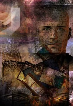 Puzzles Complex Abstraction. Man face with puzzle pattern. Opened door to ... Stock Photos