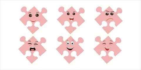 Puzzles faces Funny bright puzzle pieces characters Stock Illustration