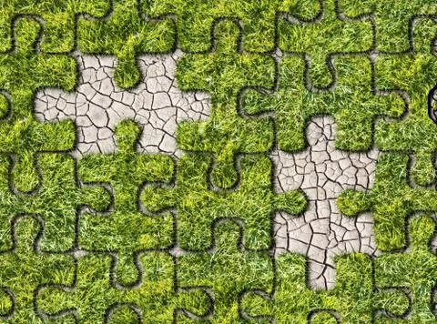 Puzzles from grass on cracked earth background Stock Illustration