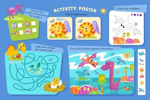Puzzles, maze, find differences, write numbers. Coloring page. Games for kids of Stock Illustration