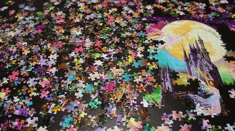 Puzzles on the table. Puzzles on a dark table. Foto stock
