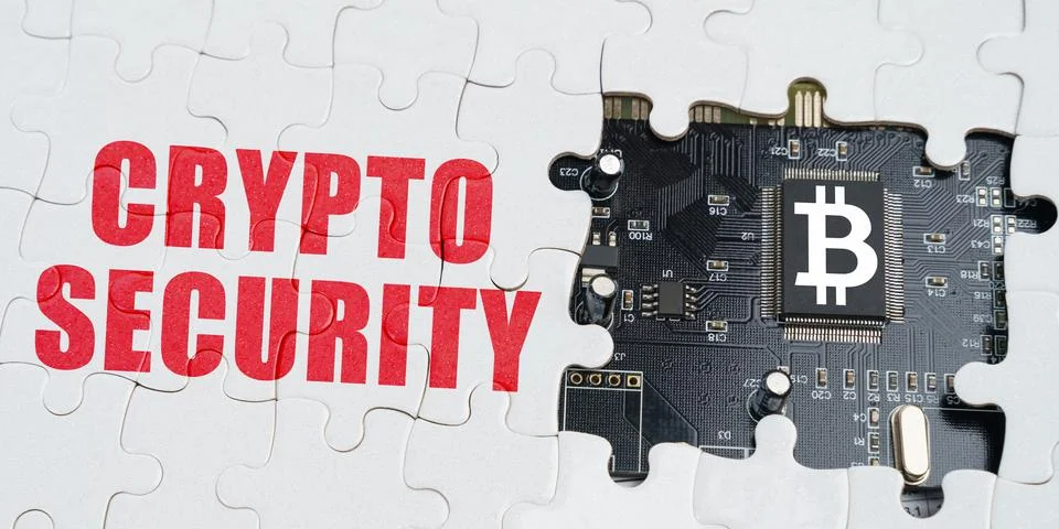 On the puzzles there is a processor with a bitcoin symbol and it says - Crypt Fotos de archivo