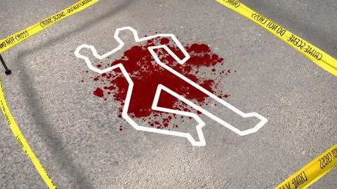A puzzling 3d rendering of a crime scene with a bloody blur on gray asphalt.  Stock Illustration