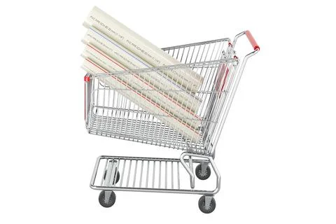PVC pipes, composite pipe, uPVC pipe, cPVC pipe inside shopping cart, 3D re.. Stock Illustration