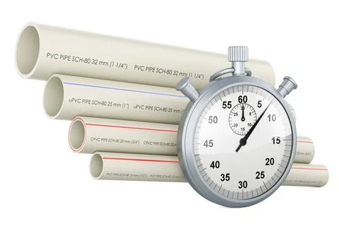 PVC pipes, composite pipe, uPVC pipe, cPVC pipe with stopwatch, 3D renderi... Stock Photos