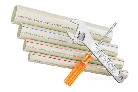 PVC pipes, composite pipe, uPVC pipe, cPVC pipe with screwdriver and wrenc... Stock Photos
