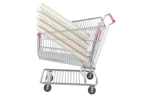PVC pipes, composite pipe, uPVC pipe, cPVC pipe inside shopping cart, 3D r... Stock Photos