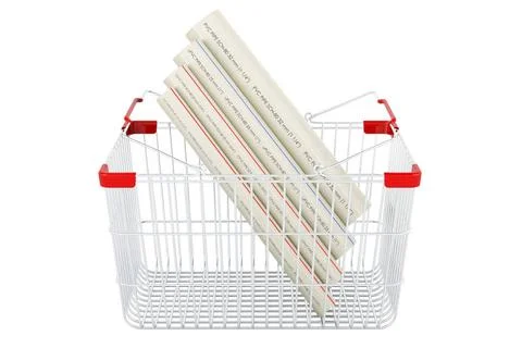 PVC pipes, composite pipe, uPVC pipe, cPVC pipe inside shopping basket, 3D... Stock Photos