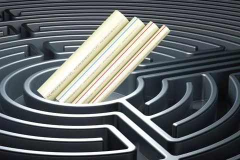 PVC pipes, composite pipe, uPVC pipe, cPVC pipe inside labyrinth, maze. 3D... Stock Photos