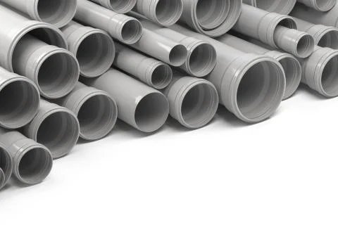 PVC plastic pipes and tubes stacked in warehouse. Иллюстрация