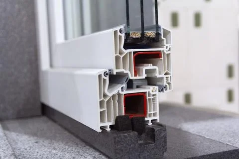 PVC window frame in section close-up Stock Photos