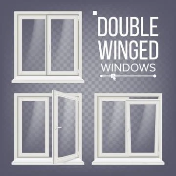 PVC Window Vector. Double-Winged. Opened And Closed. Front View. Open Plastic 스톡 일러스트