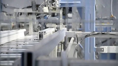 PVC windows and doors sections on the automatic line machinery for screws -dolly Stock Footage 75574211