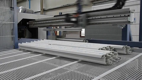PVC windows automatic line machine cutting sections - dolly move Stock Footage 75575059