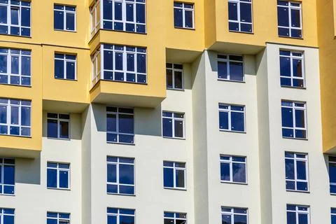 PVC windows on facade of skyscraper. Plastic double glazed windows.Textura of 스톡 사진