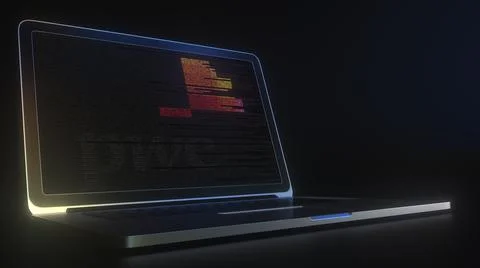 PWC logo made with computer code on the laptop screen. Editorial conceptual 3d Stock Illustration