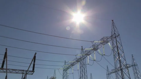Pylon and cables, MS PAN, oil field gas power station, solar flare 库存影片 300111445