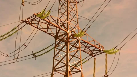 Pylon Power High Voltage Lines and Substation Stock Footage 260654274