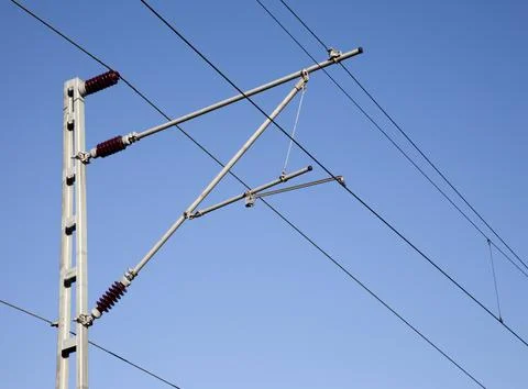 Pylon structure to hold catenary wires at electric railway, Finland Stock Photos