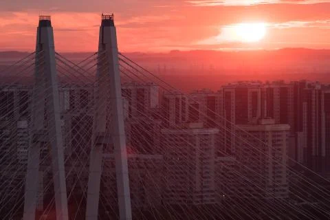 Pylons cable-stayed bridge against the backdrop of urban residential district Stock Photos