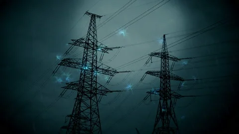 Pylons of high-voltage overhead power lines with fire and electrical explosions Video stock 149291845