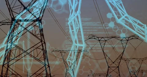 Pylons receding in power corridor, camera pulling back showing 3D lattice, code Stock Footage 331833313