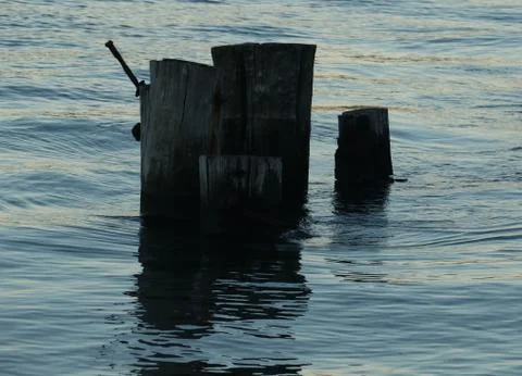 Pylons in Water at Sunset Foto stock