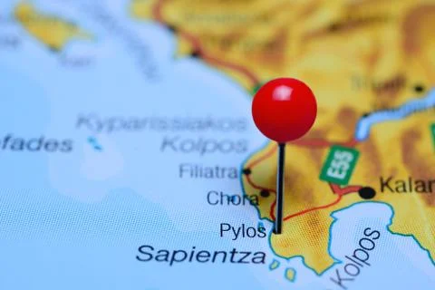 Pylos pinned on a map of Greece Foto stock