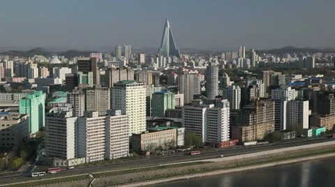 Pyongyang, City skyline & Ryugyong Hotel, North Korea Stock Footage