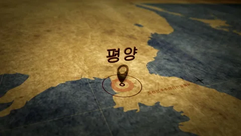 Pyongyang Korean on retro map Stock Footage 111750824