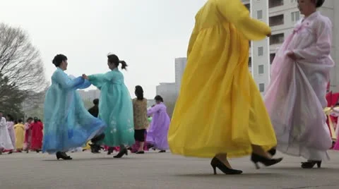 Pyongyang mass street dancing, North Korea Stock Footage