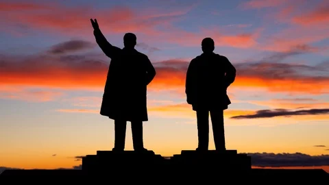 Pyongyang: Statue of North Korean Leaders, Time Lapse at Twilight with Colorful Stock Footage 124657452